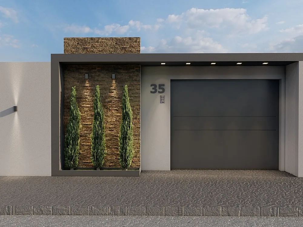 Casa térrea compacta com jardim vertical em pedra e garagem