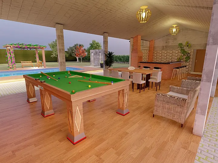 Área gourmet coberta com mesa de sinuca, churrasqueira e vista para a piscina