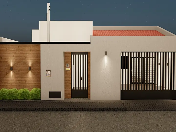 Fachada de casa térrea ao entardecer com painel de madeira iluminado e portão ripado