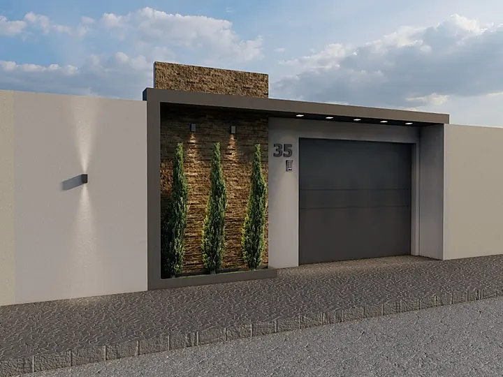 Fachada de casa térrea com jardim vertical em pedra e garagem