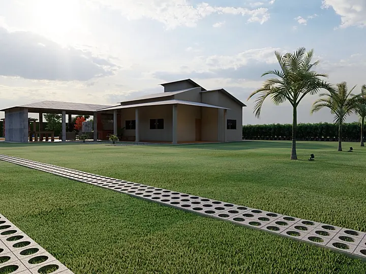 Casa de campo térrea com gramado amplo e palmeiras